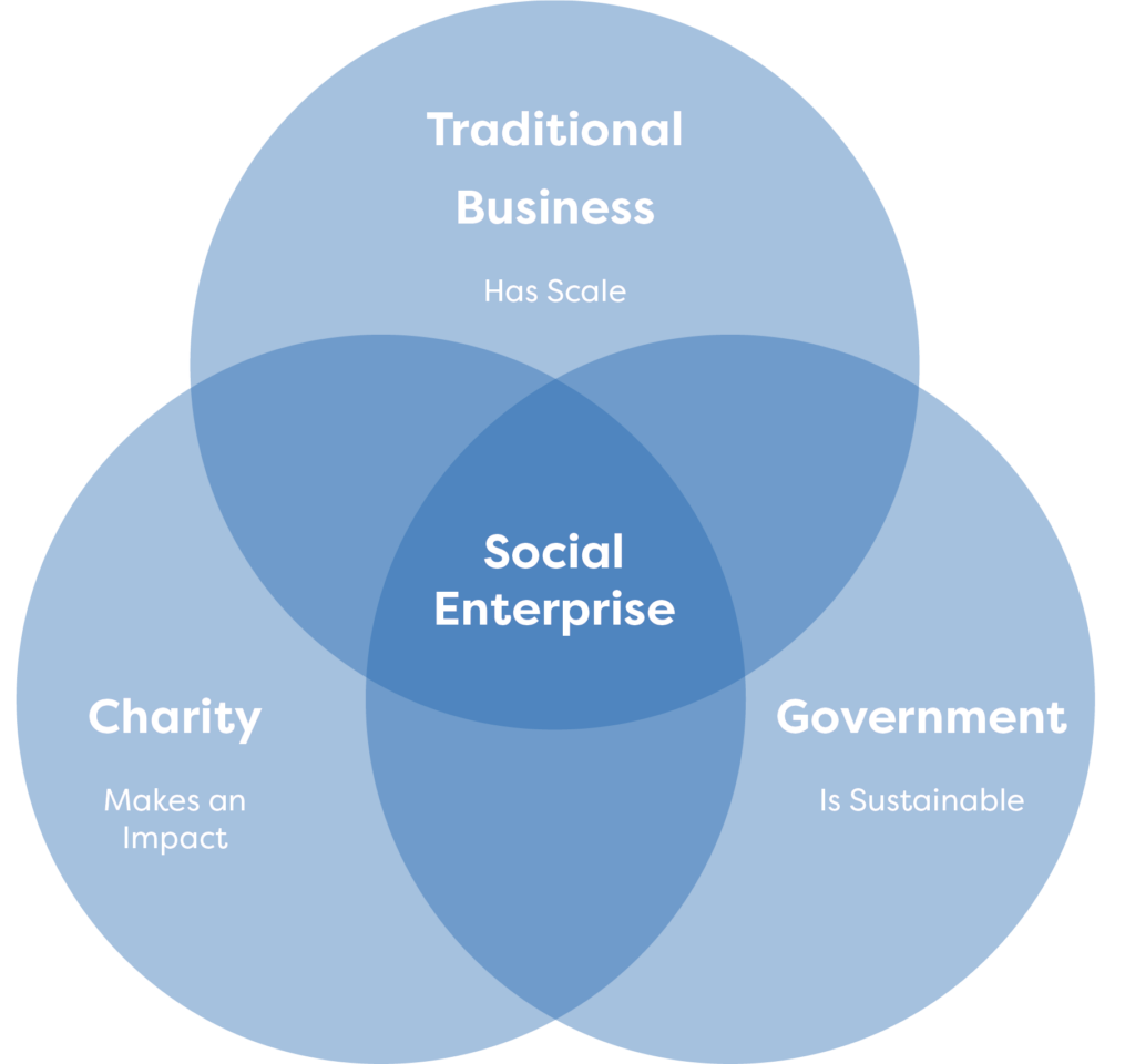 Triple bottom line approach. Cashco Social Enterprise. Traditional Business has scale, Government is Sustainable, Charity makes an Impact
